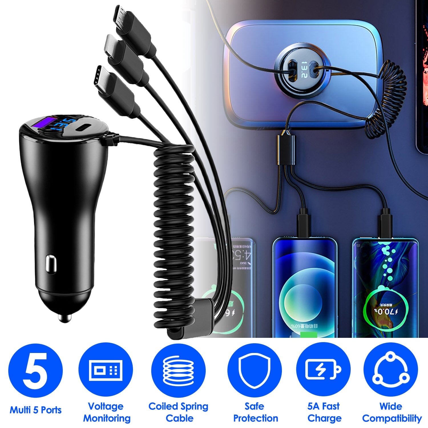 5-in-1 Fast Charge Car Charger QC PD USB Type C LT 5 Port with 4ft Coiled Cable Outlet Good Selling