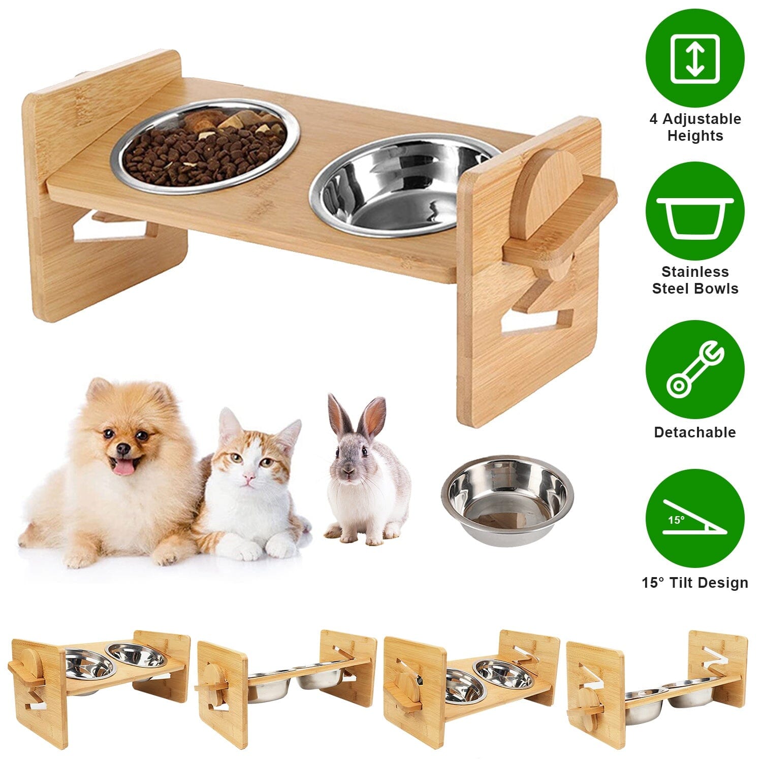 5°Tilt Bamboo Double Elevated Dog Bowls with 4 Adjustable Heights With Paypal Sale Online