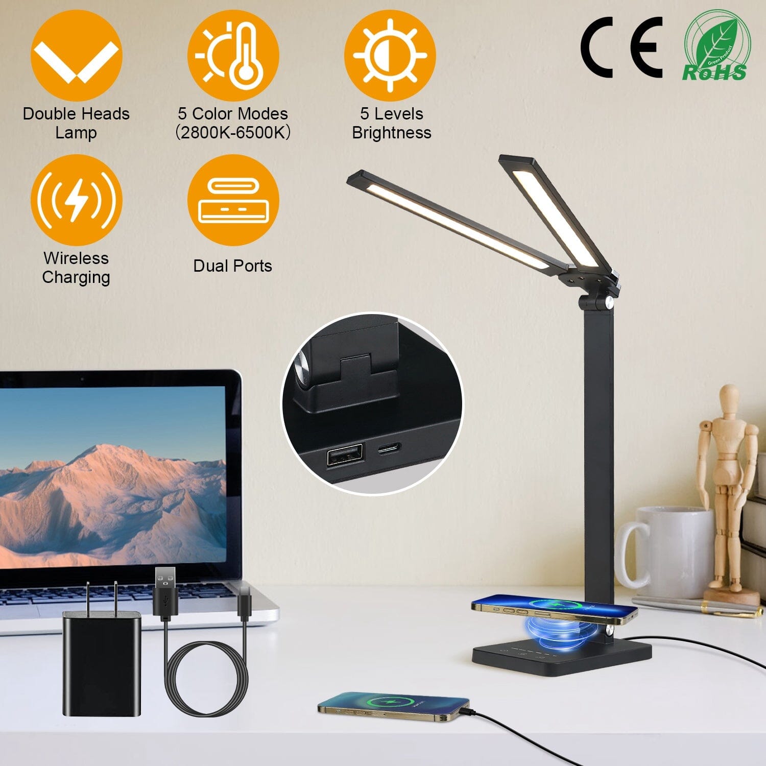 Double Head Desk Lamp with Wireless Charging USB Port Fashion Style Online