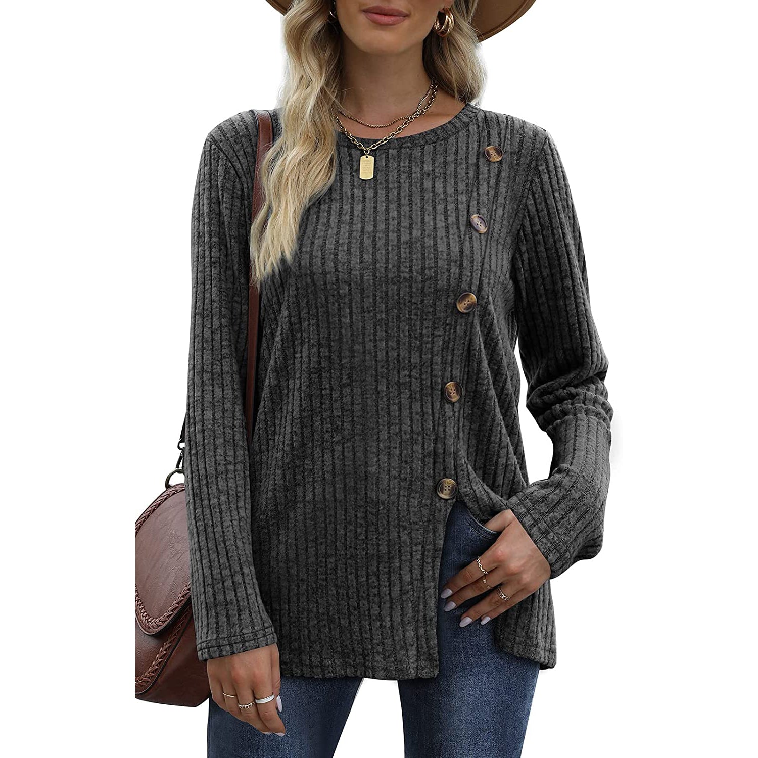 Women's Long Sleeve Crew Neck Tunic Tops Buttons Side Outlet Amazon