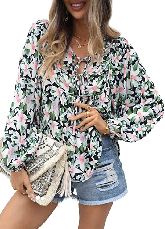 Women's Casual Boho Floral Print V Neck Long Sleeve Top Online Cheap Online