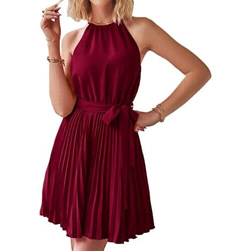 Casual Halter Neck A-Line Dress Sleeveless Belted Swing Pleated Cocktail Party Beach Mini Dresses Affordable Sale Online