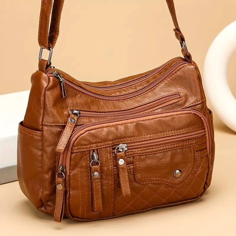 Fashion Multi Zipper Crossbody Bag, Soft Vegan Leather Shoulder Bag, Women's Multi Pockets Handbag Purse Geniue Stockist