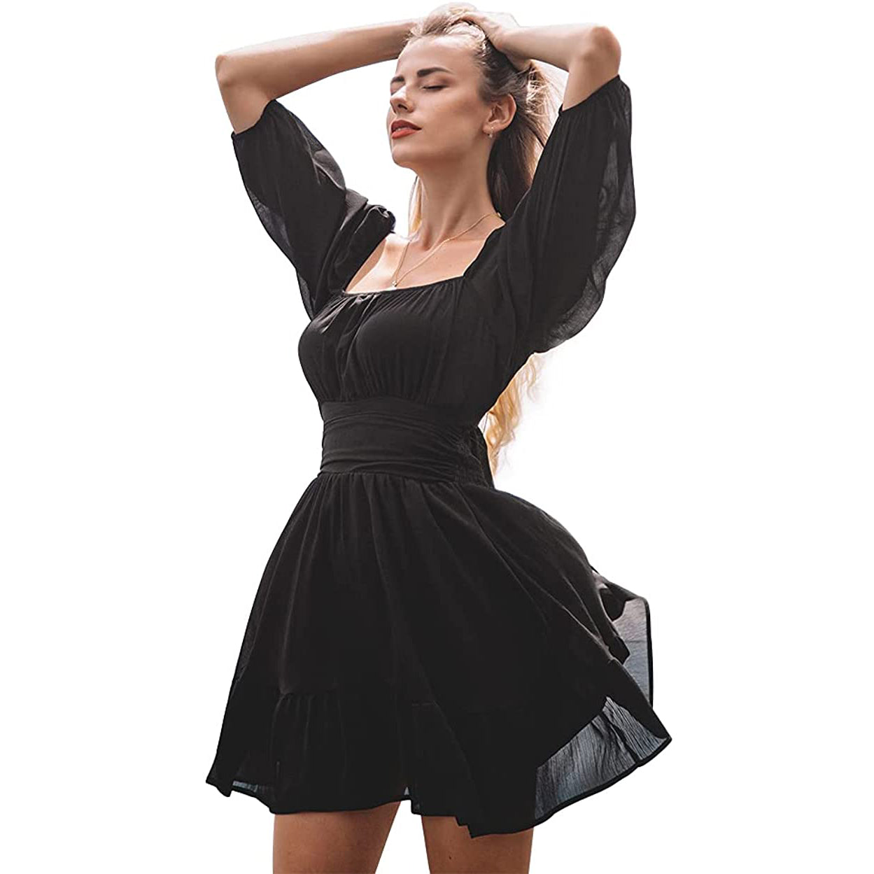 Women's Lantern Sleeve Tie Back Mini Dress Authentic Online