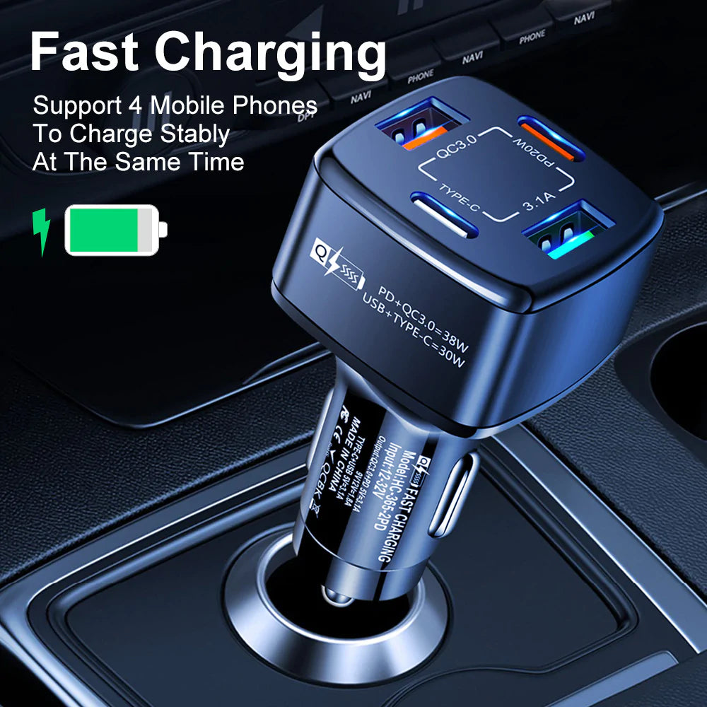 PBG Black 4 Port Car Charger and 4FT - 3 in 1 Nylon Cable Combo Explore Online