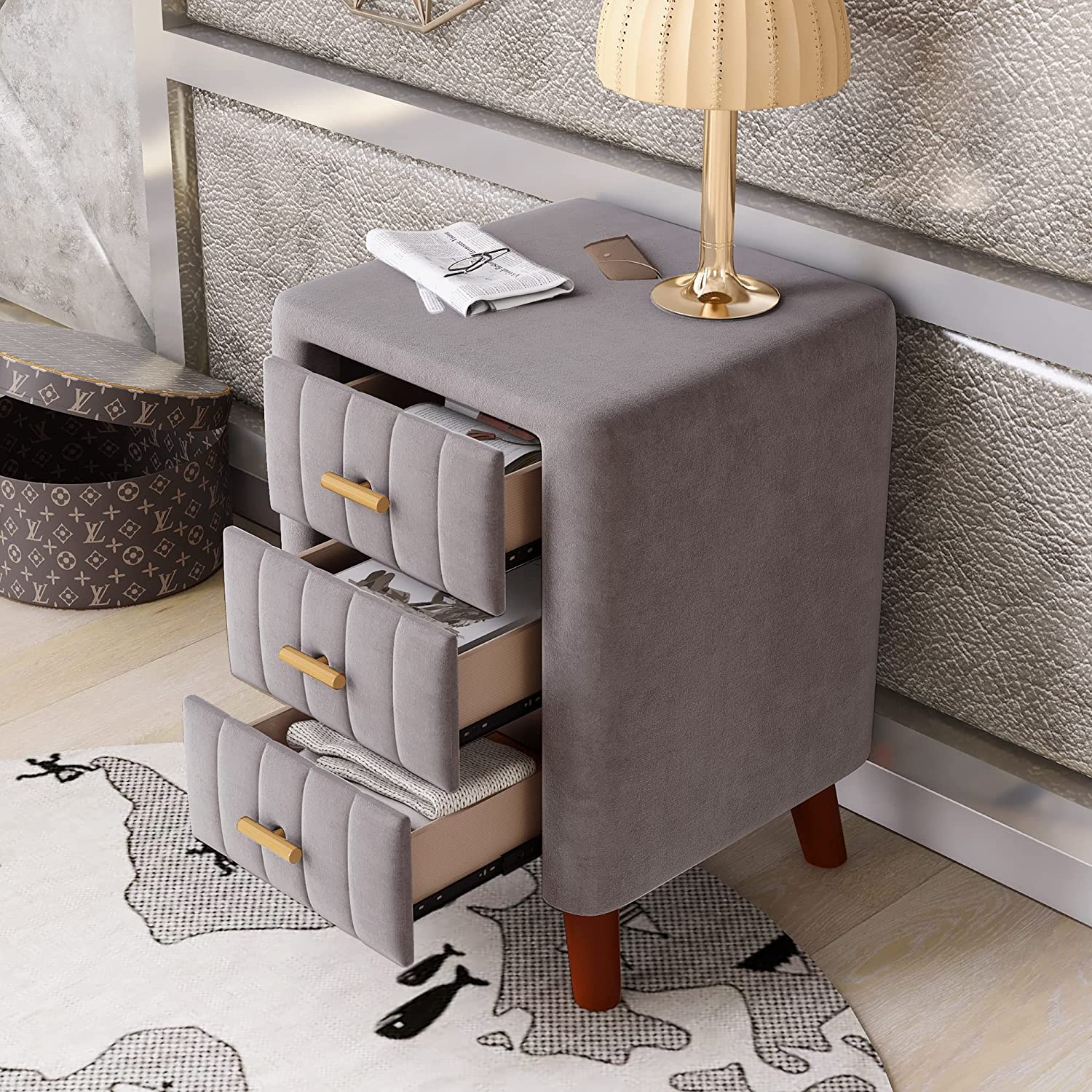 Modern Bedside Velvet Upholstered 3-Drawer Nightstand with Metal Handles Best Sale Online