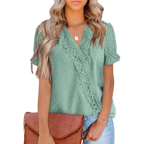 Women's Casual Lace Pom Pom V Neck Chiffon Short Sleeve Top Free Shipping Sale Online