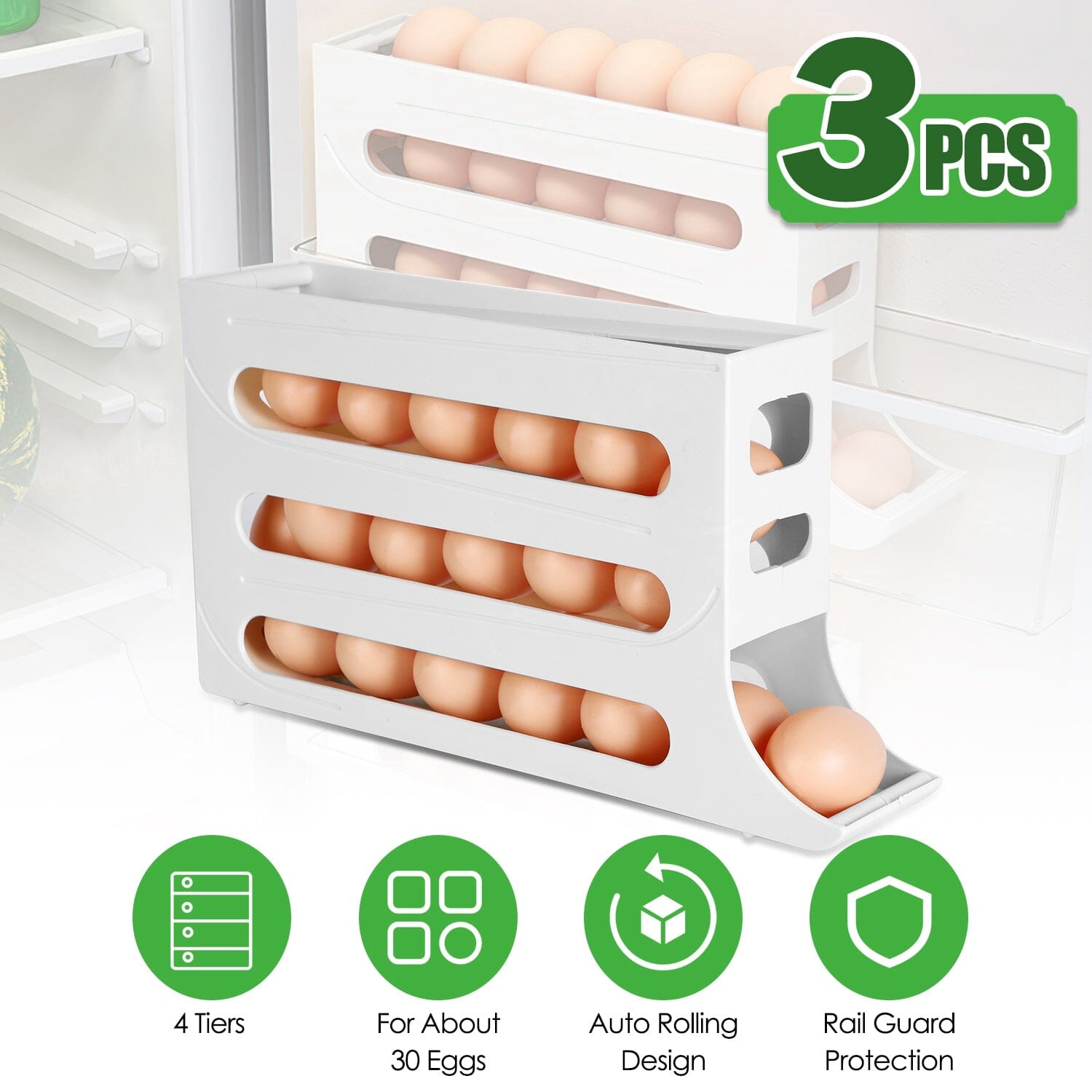 3-Pieces: 4-Tiers Egg Holder Auto Rolling Fridge Egg Organizer Purchase Sale Online