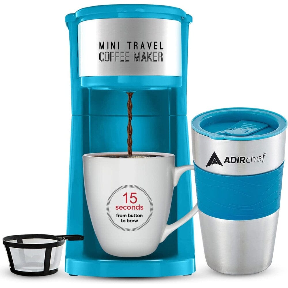 AdirChef Mini Travel Single Serve Coffee Maker & 15 oz. Travel Mug Coffee Tumbler & Reusable Filter Outlet Choice