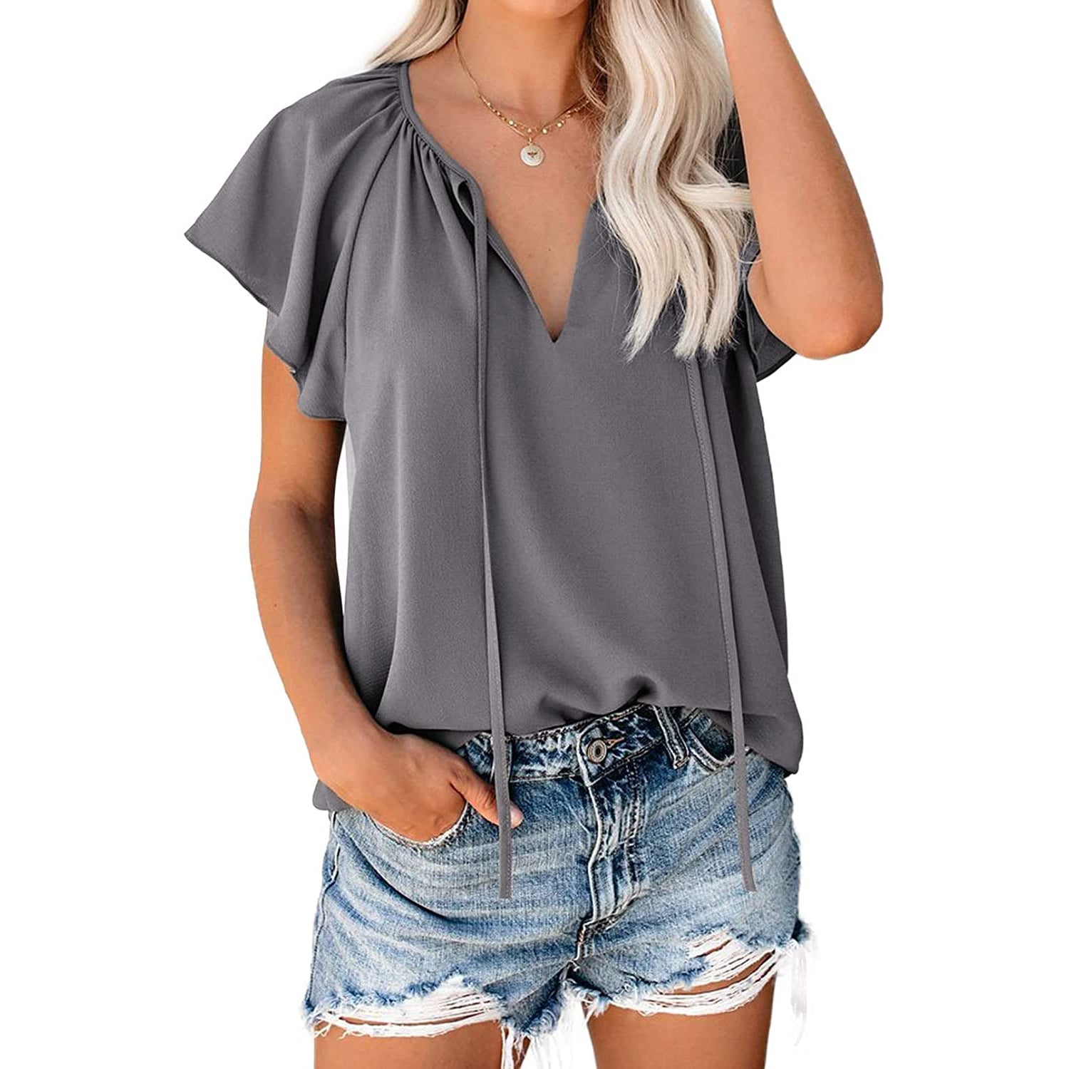 Women's Casual Boho V Neck Tops Drawstring T Shirt Cheap New Styles