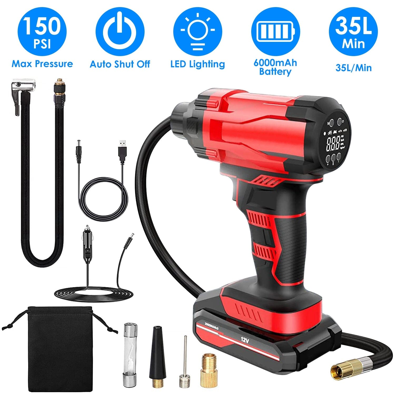 150 PSI 12V Portable Cordless Tire Pump 6000mAh Rechargeable with LED Light View Cheap Online