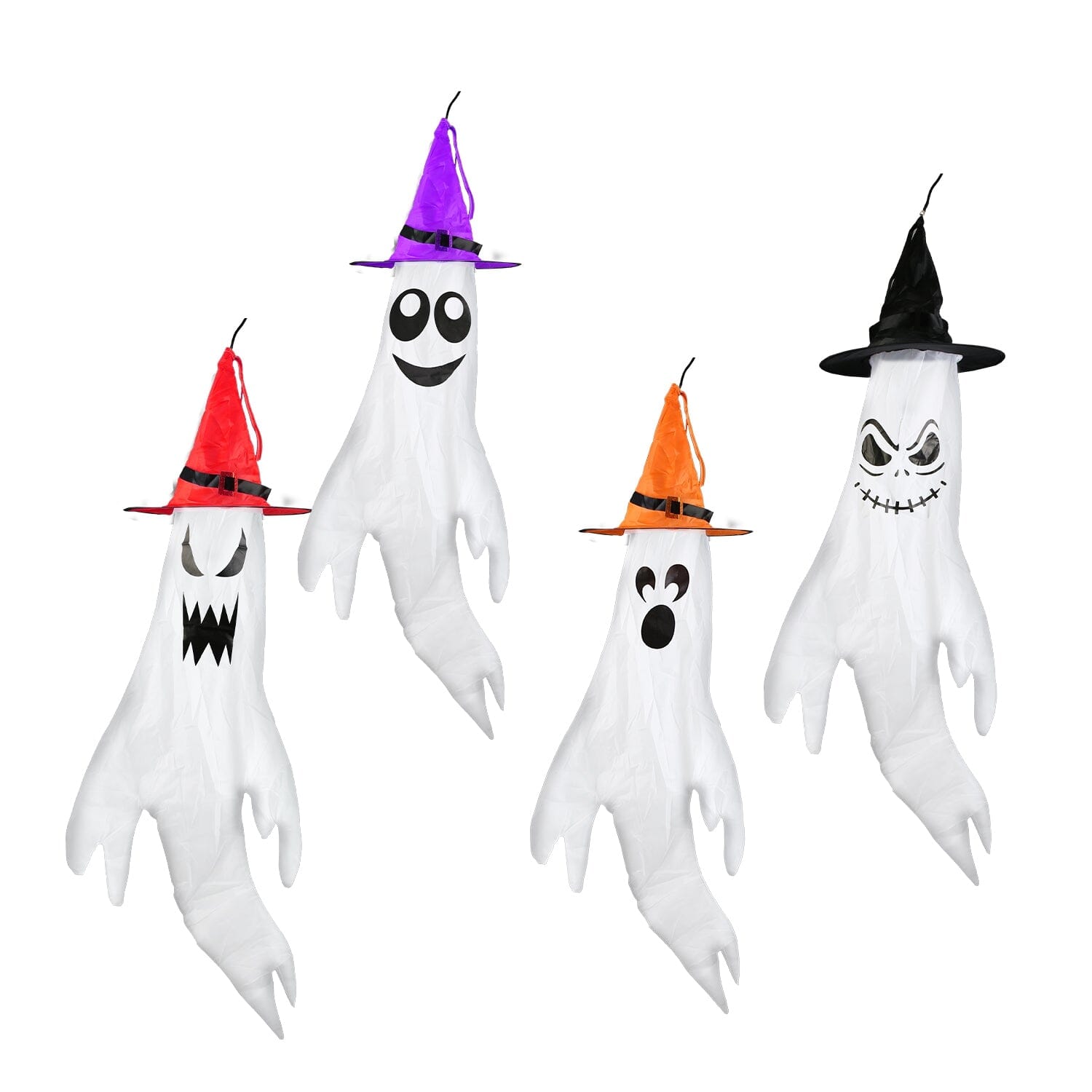 4-Pieces: Halloween Ghosts with Witch Hats Windsocks Hanging Decoration with Colorful LED Light For Sale 2025