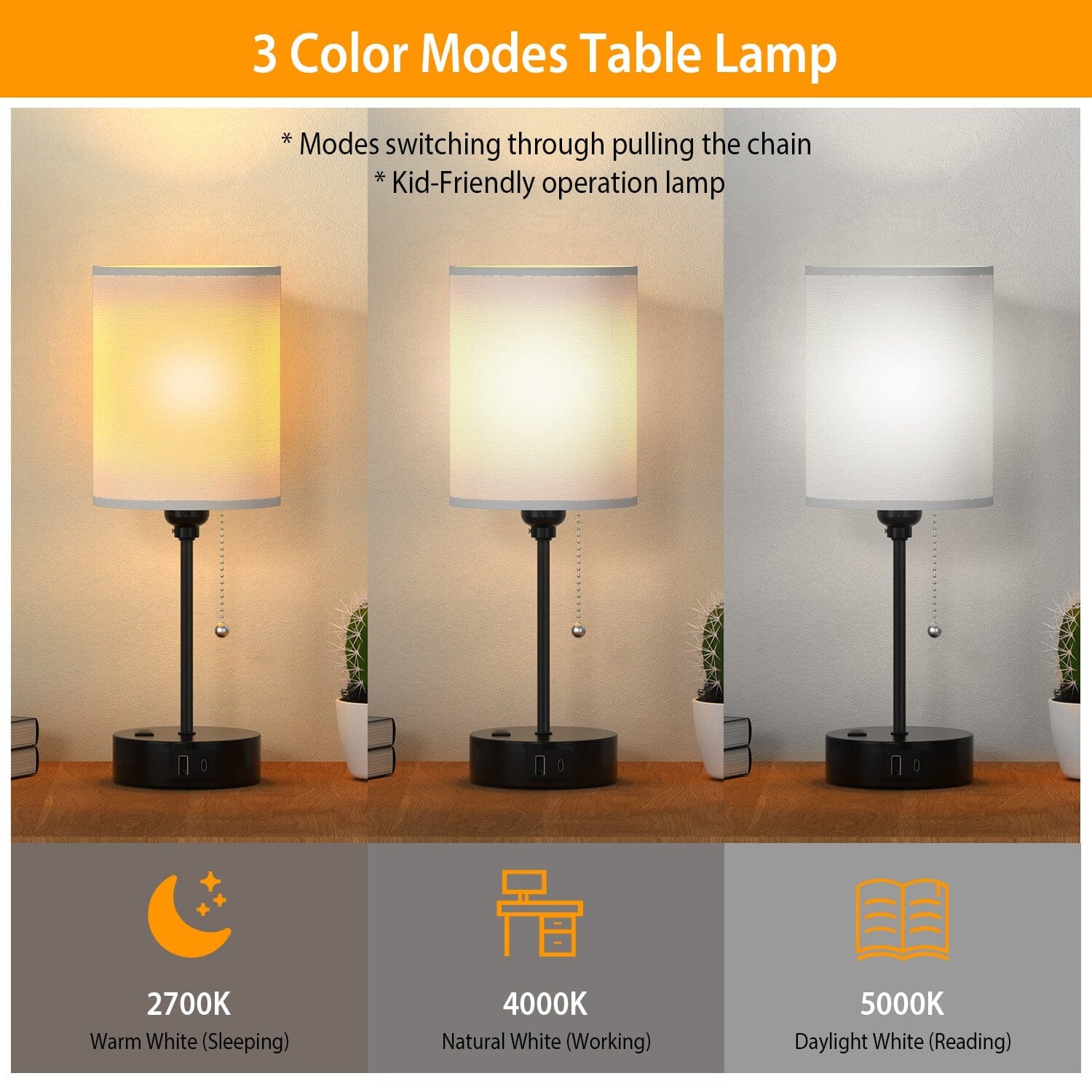 2-Pieces: Bedside Lamps 3 Color Modes USB C+A AC Output Ports Pull Chain Cheap Sale Manchester Great Sale