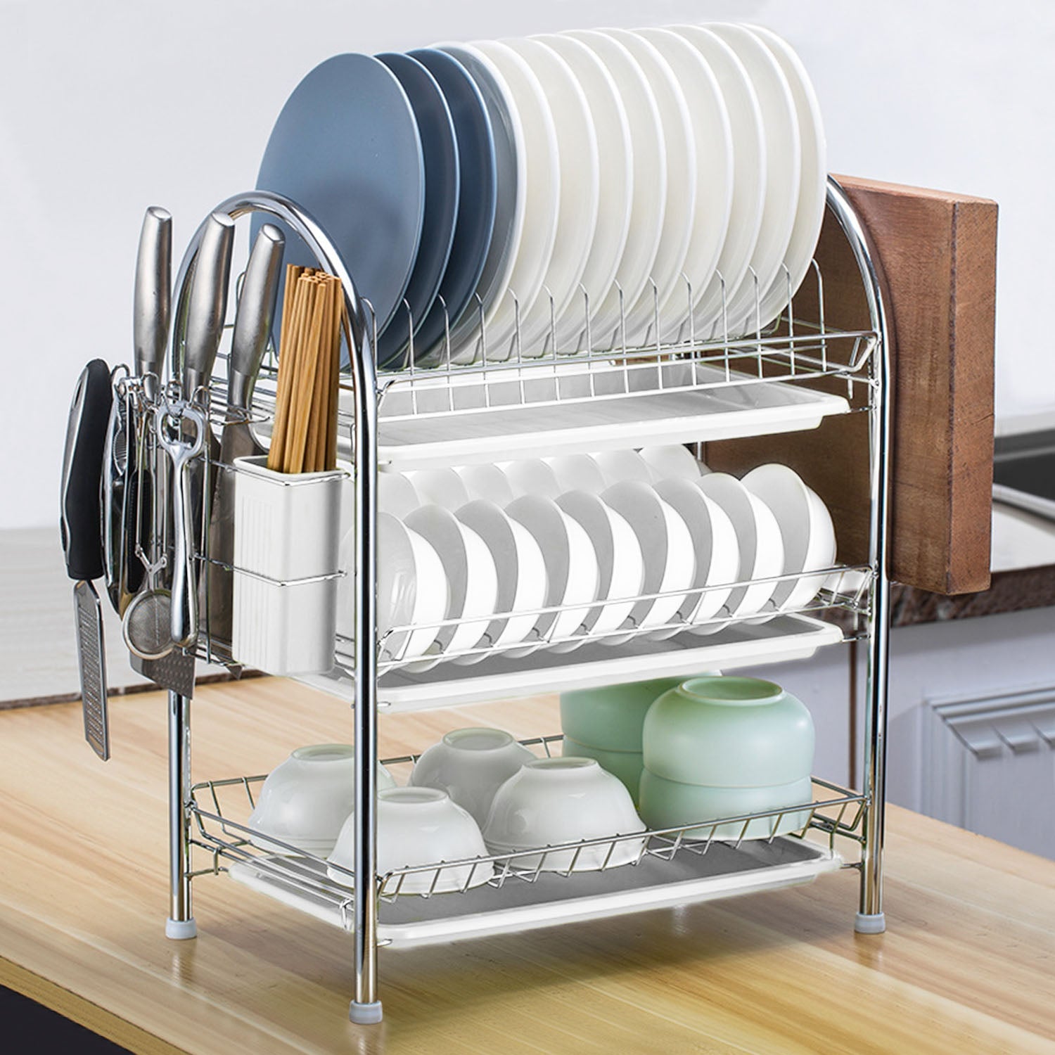 3-Tier Dish Drying Rack Shelf with 3 Drain Trays Chopping Board For Cheap Sale Online