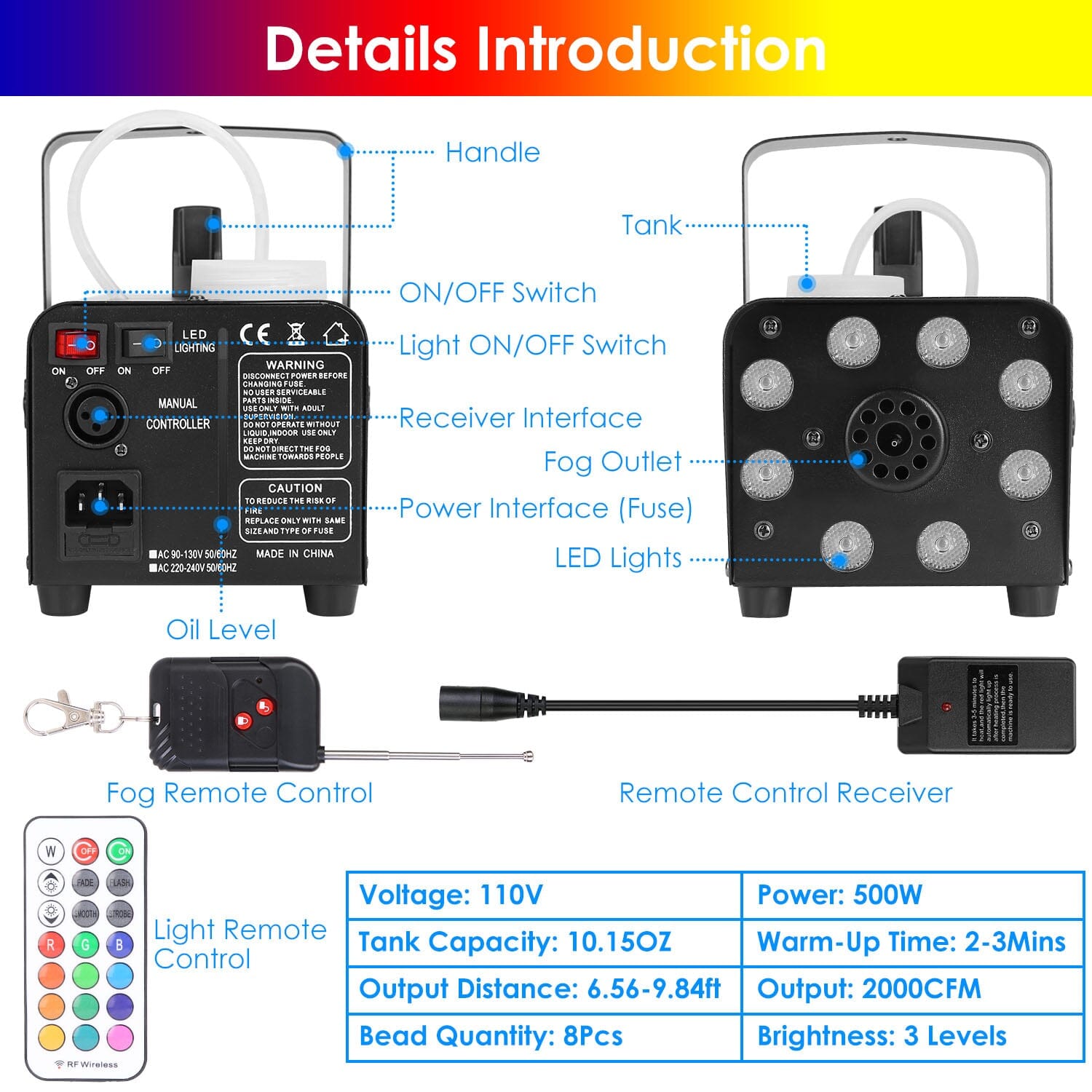 500W Fog Machine 2000CFM Colorful Smoke Machine with 8-Pieces LEDs 5 Lighting Effects 3-Level Brightness Clearance How Much