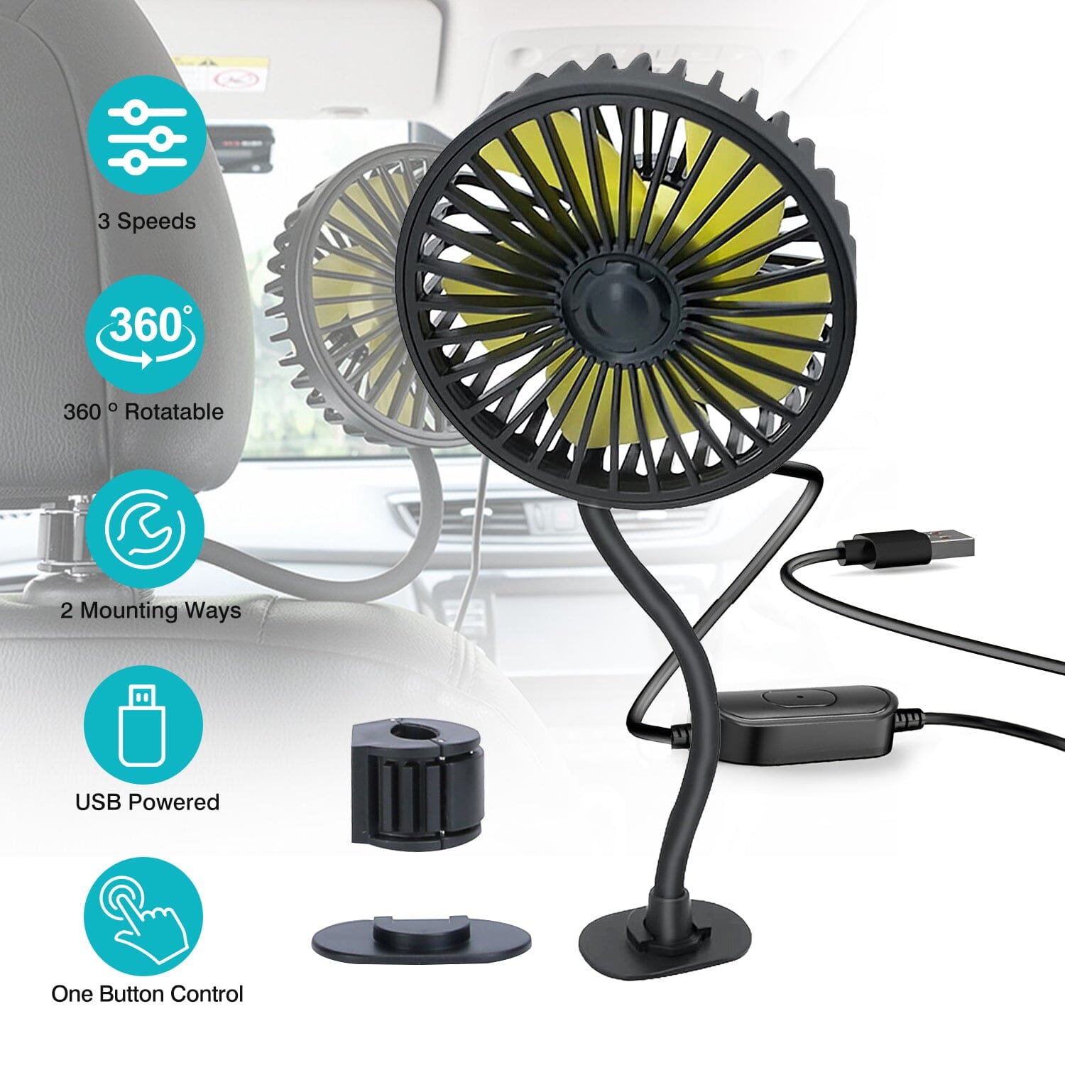 360  Rotatable Car Cooling Fan with 3 Speeds Outlet Store For Sale