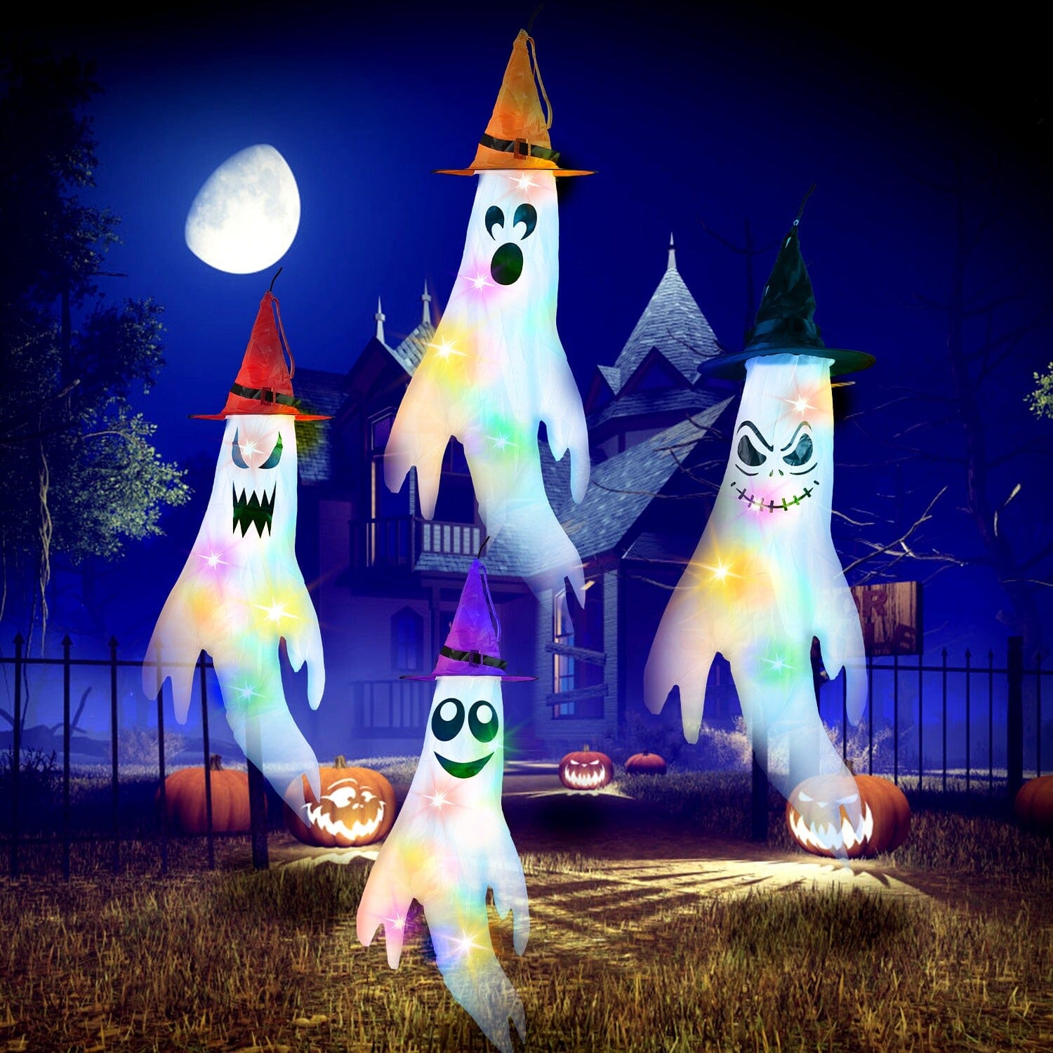 4-Pieces: Halloween Ghosts with Witch Hats Windsocks Hanging Decoration with Colorful LED Light For Sale 2025