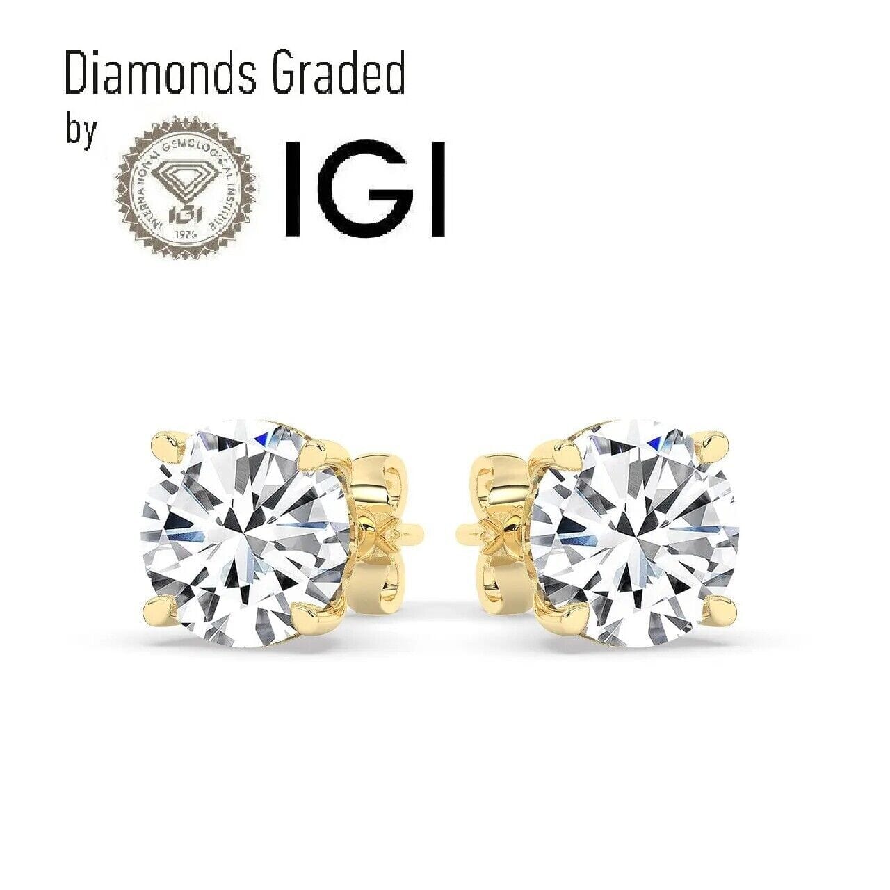 IGI,F/VS1 ,2 CT Solitaire Lab-Grown Round Diamond Studs Earring, 18K Yellow Gold Free Shipping Top Quality