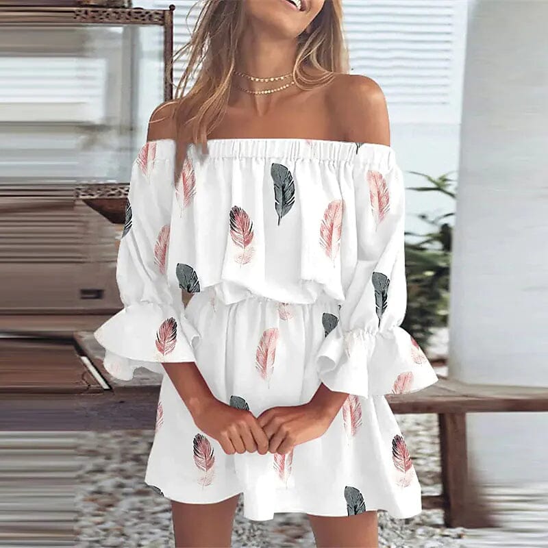 Women's 3/4 Length Sleeve Floral Ruffle Summer Spring Off Shoulder Dress Cheap Brand New Unisex