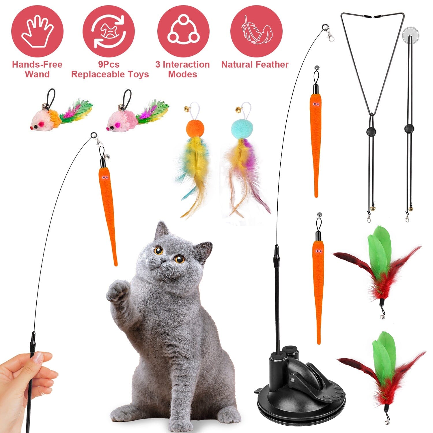 2 Cat Wand Toys with Suction Cup Double Head Interactive Cat Feather Toy Ebay