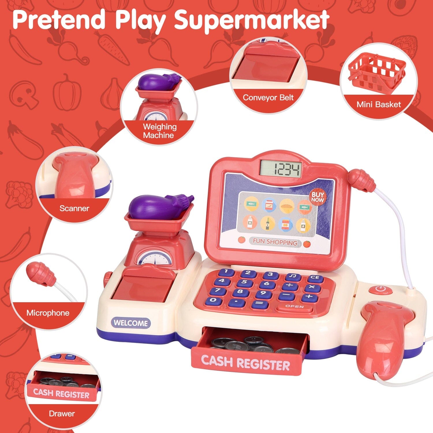 Kids Cash Register Pretend Play Cashier Toy with Scanner Calculator Real Cheap Online