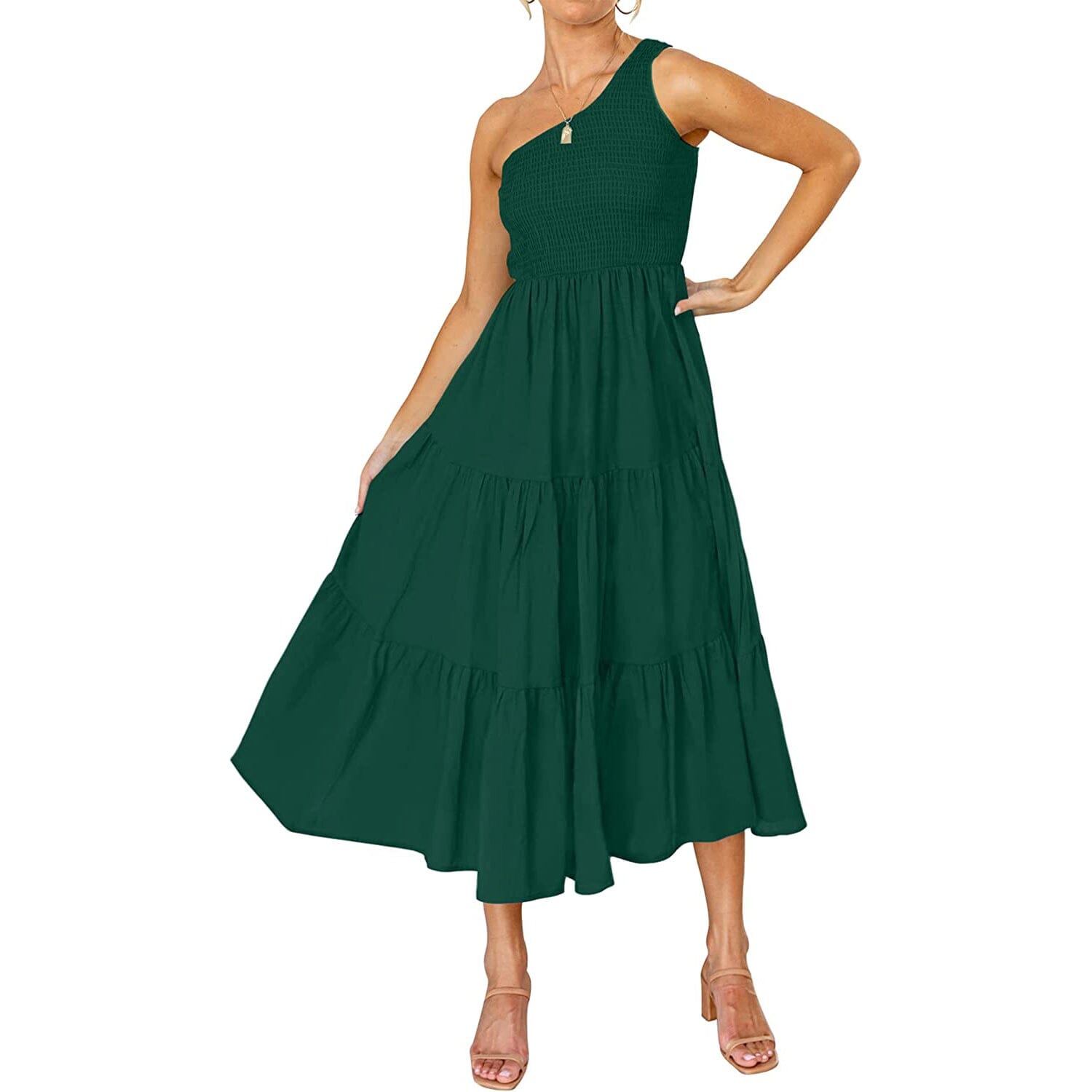 Womens One Shoulder Sleeveless Smocked Ruffle Tiered Beach Long Midi Dress Discount 2025 Unisex