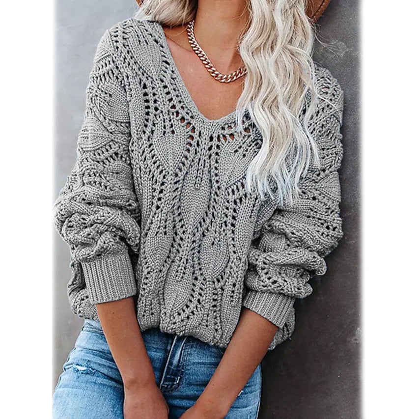 Women's Crochet Hollow Out Knitted V Neck Sweater On Hot Sale