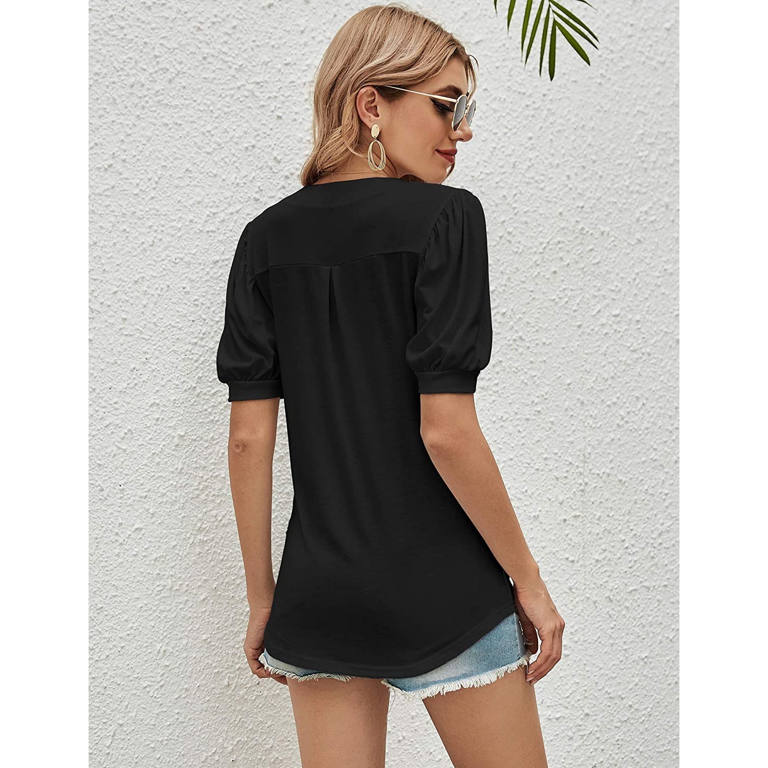 Romanstii Women Casual V-neck T-Shirts Loose Puff Short Free Shipping Cheap Online