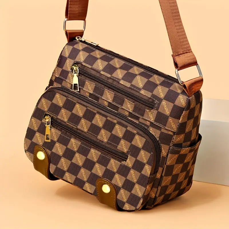 Plaid Pattern Crossbody Bag, Women's Multi Pockets Purse, Studded Decor Faux Leather Shoulder Bag Sale Recommend