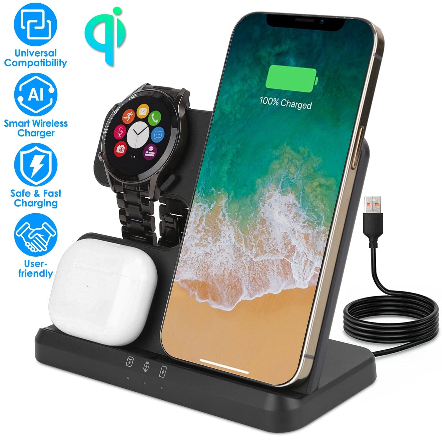 3-in-1 Fast Wireless Charger for Qi-enable Phones, Earphones and Watches Free Shipping Low Cost