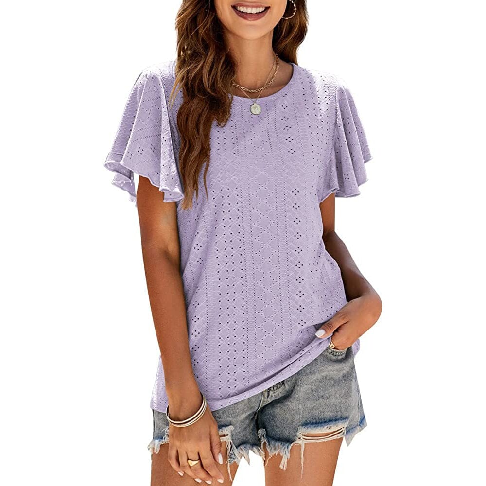 Womens Casual T-Shirts Summer Crew Neck Ruffle Sleeve Tees Tunic Tops Free Shipping Low Pice Fee Shipping