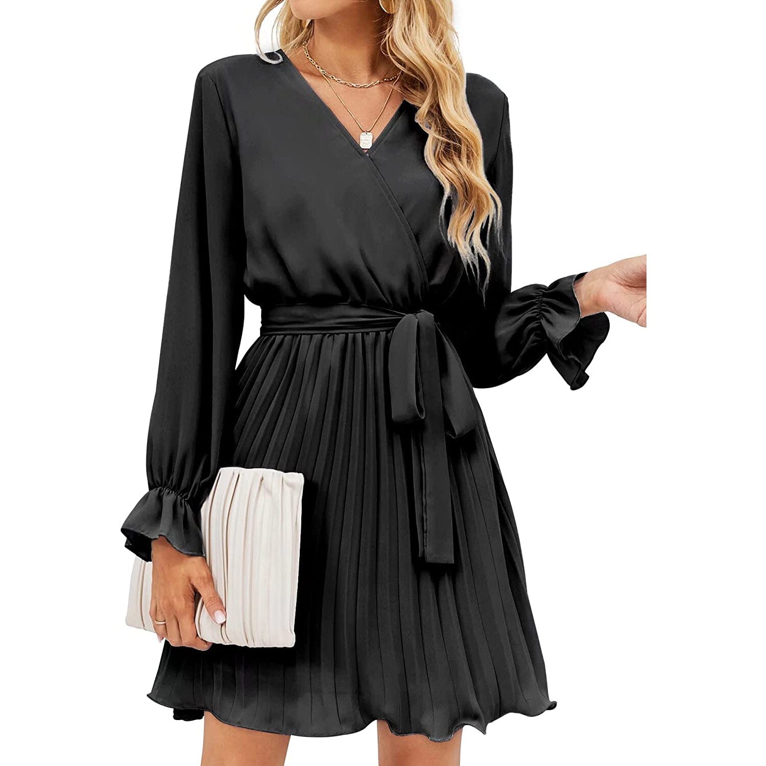 Womens Wrap V Neck Pleated Long Sleeve Mini Dresses Buy Cheap For Nice