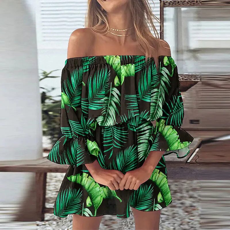 Women's 3/4 Length Sleeve Floral Ruffle Summer Spring Off Shoulder Dress Cheap Brand New Unisex