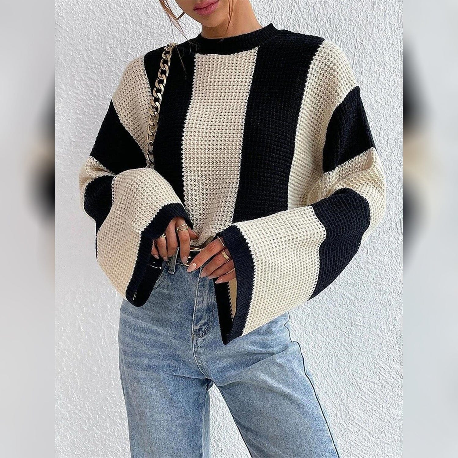 Women's Pullover Ribbed Knit Patchwork Striped Sweater Sale Low Cost