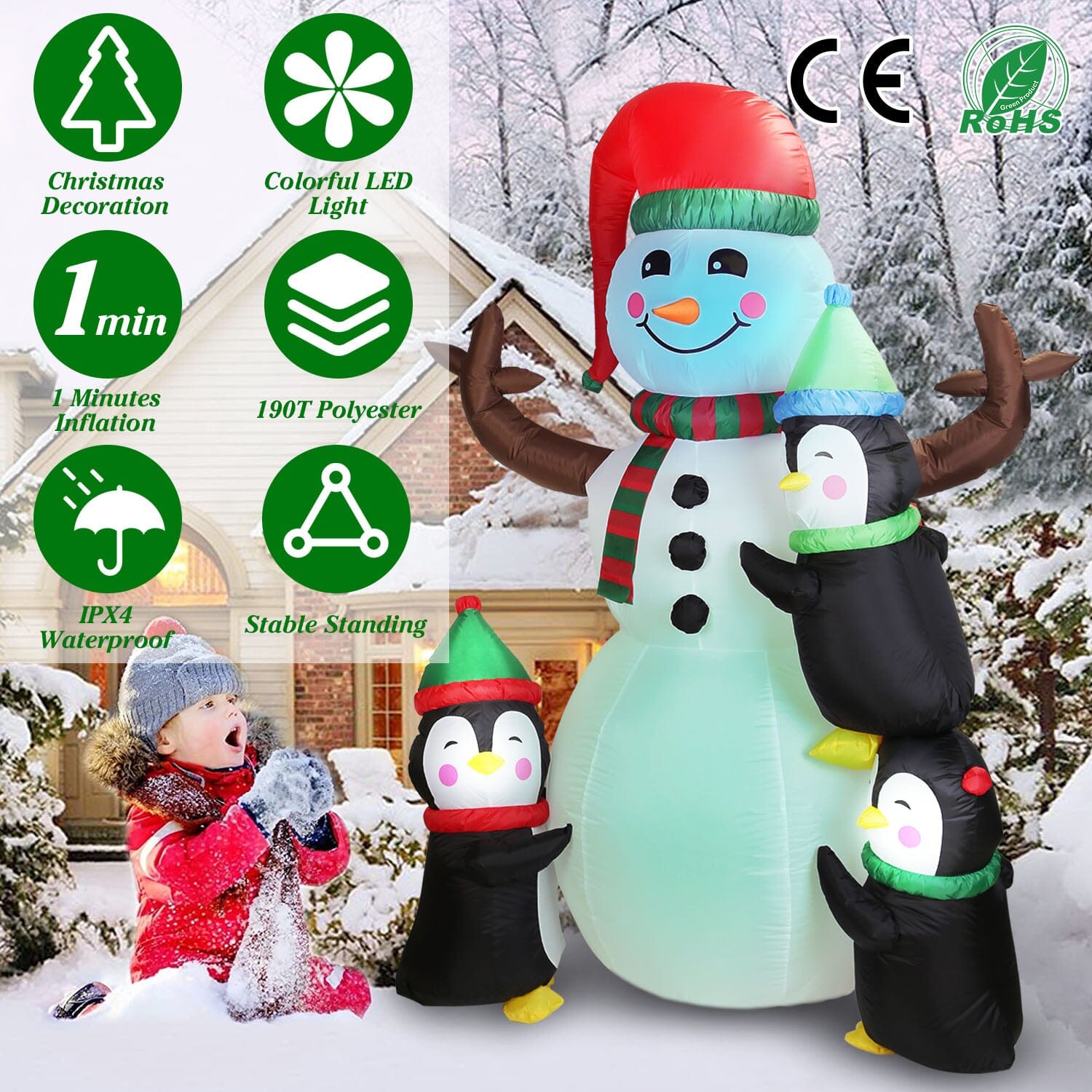 5.9Ft Snowman and Penguin Blow Up Yard Decoration with LED Light Built-in Air Blower Free Shipping For Sale