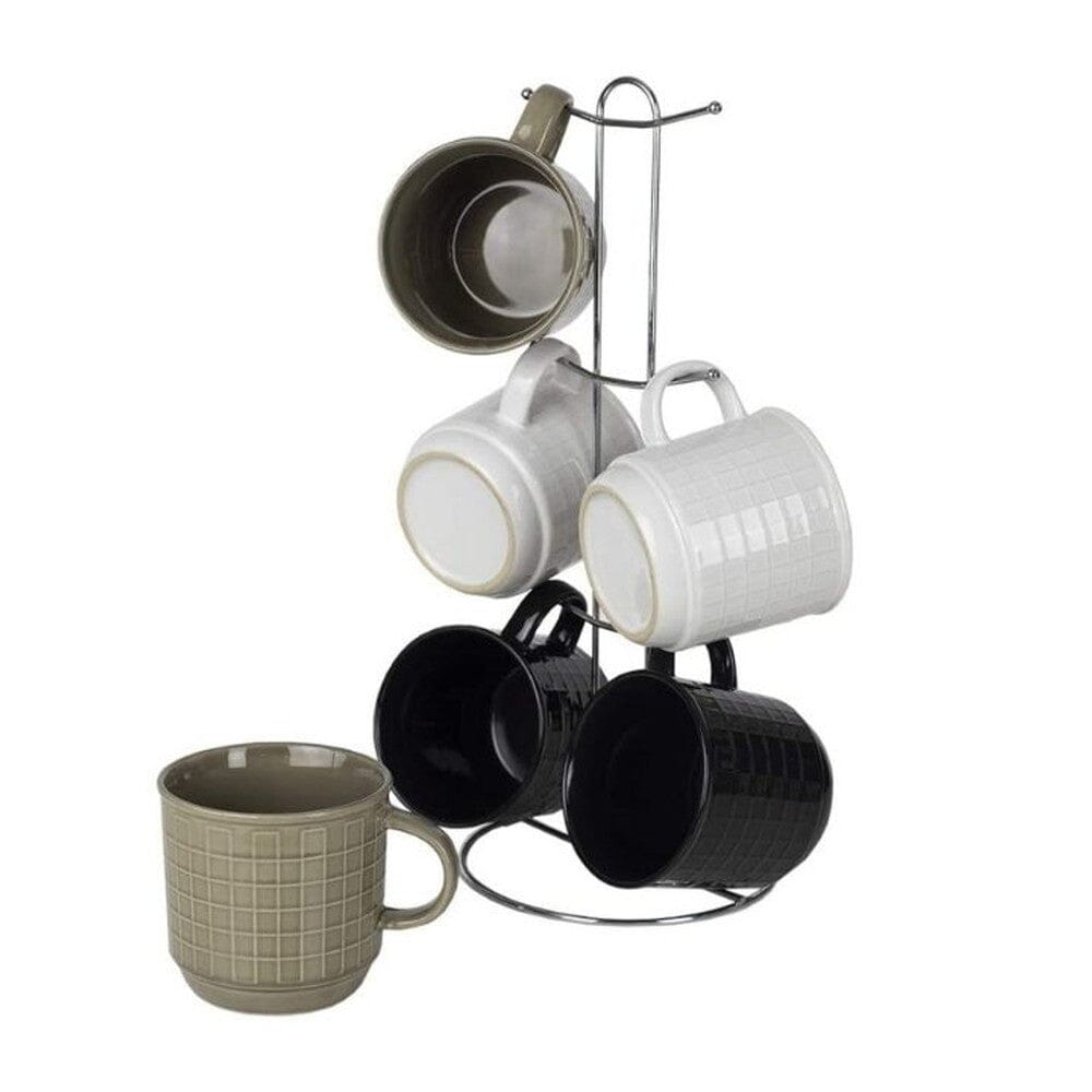 6-Piece Set: Stoneware Mug Set with Metal Rack Free Shipping Clearance