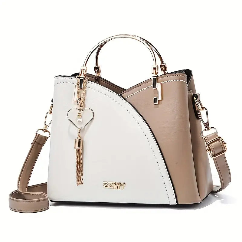 Color Block Satchel Bag with Metal Tassel Decor and Crossbody Strap Purchase For Sale