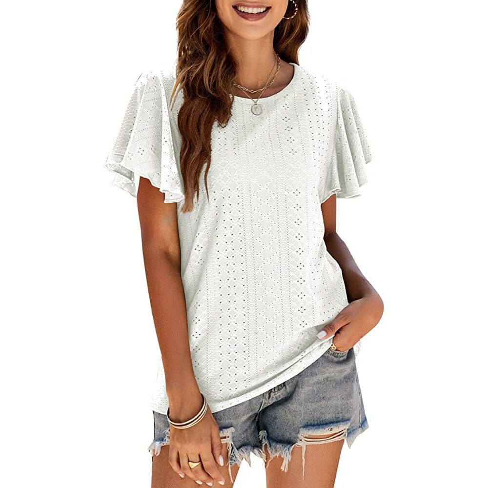 Womens Casual T-Shirts Summer Crew Neck Ruffle Sleeve Tees Tunic Tops Free Shipping Low Pice Fee Shipping