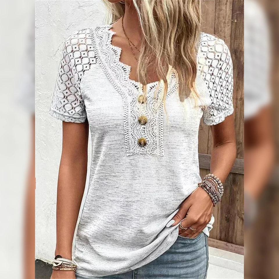 Women's T-Shirt Plain Lace Button Short Sleeve Outlet Huge Surprise