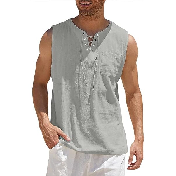 Men's Cotton Linen Tank Top Shirts Casual Sleeveless Lace Up Beach Hippie Tops Bohemian Renaissance Pirate Tunic Get To Buy For Sale