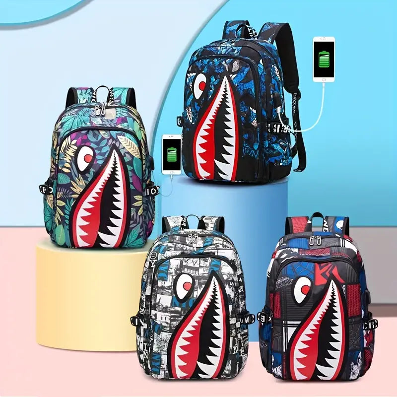 Shark Patterned Nylon Student Backpack Explore Online