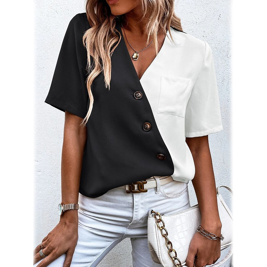Women's Pocket Button V-Neck Short Sleeve Shirt Outlet Huge Surprise