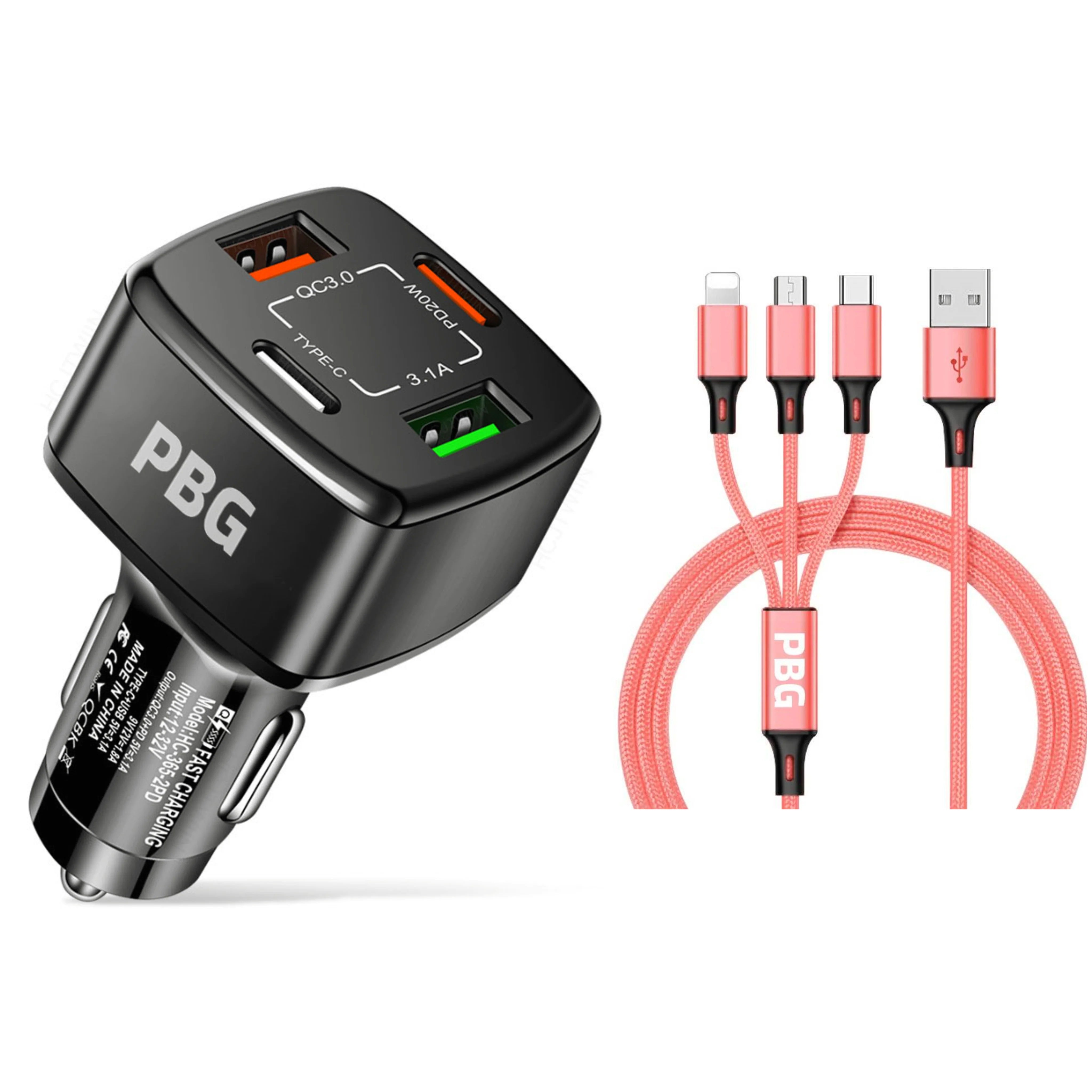 PBG Black 4 Port Car Charger and 4FT - 3 in 1 Nylon Cable Combo Explore Online