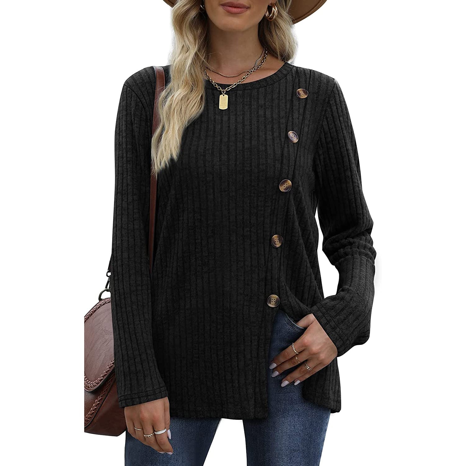 Women's Long Sleeve Crew Neck Tunic Tops Buttons Side Outlet Amazon