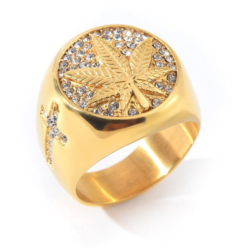 Stainless Steel Marijuana Leaf Cannabis Pot Cross Crystal Men's Ring Discount Ebay