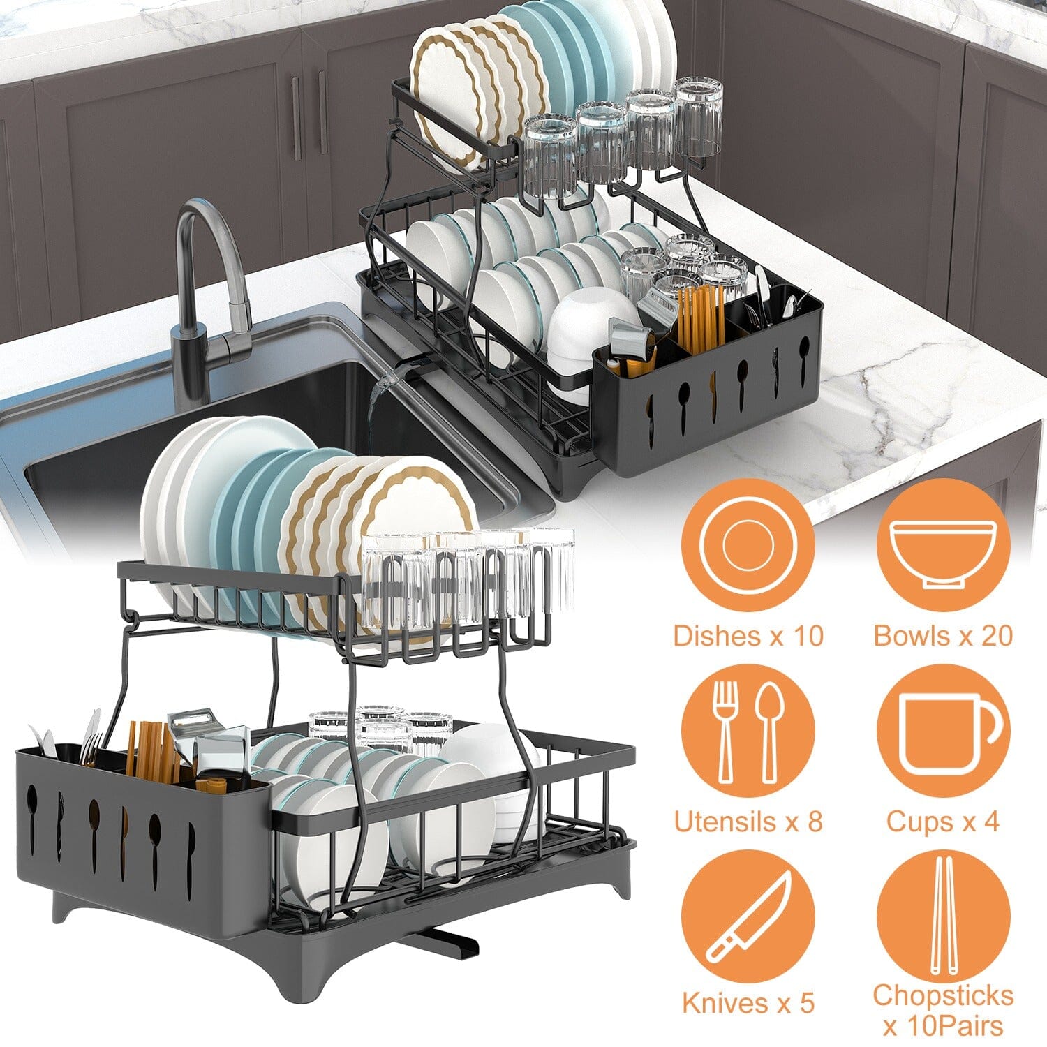 2-Tier Dish Rack Drainer Organizer Set with Utensil Cup Holder Rack Swivel Spout Outlet Discount Sale