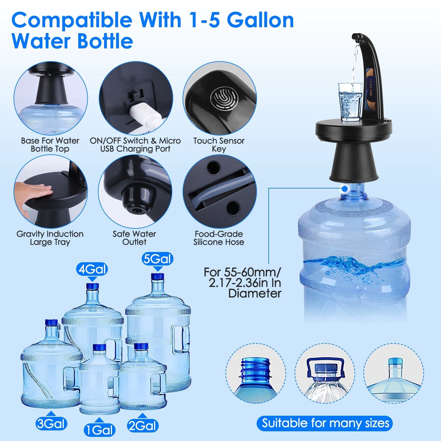 Water Bottle Dispenser USB Rechargeable Mini Water Jug for 1-5 Gallon Water Jugs Fashionable Sale Online