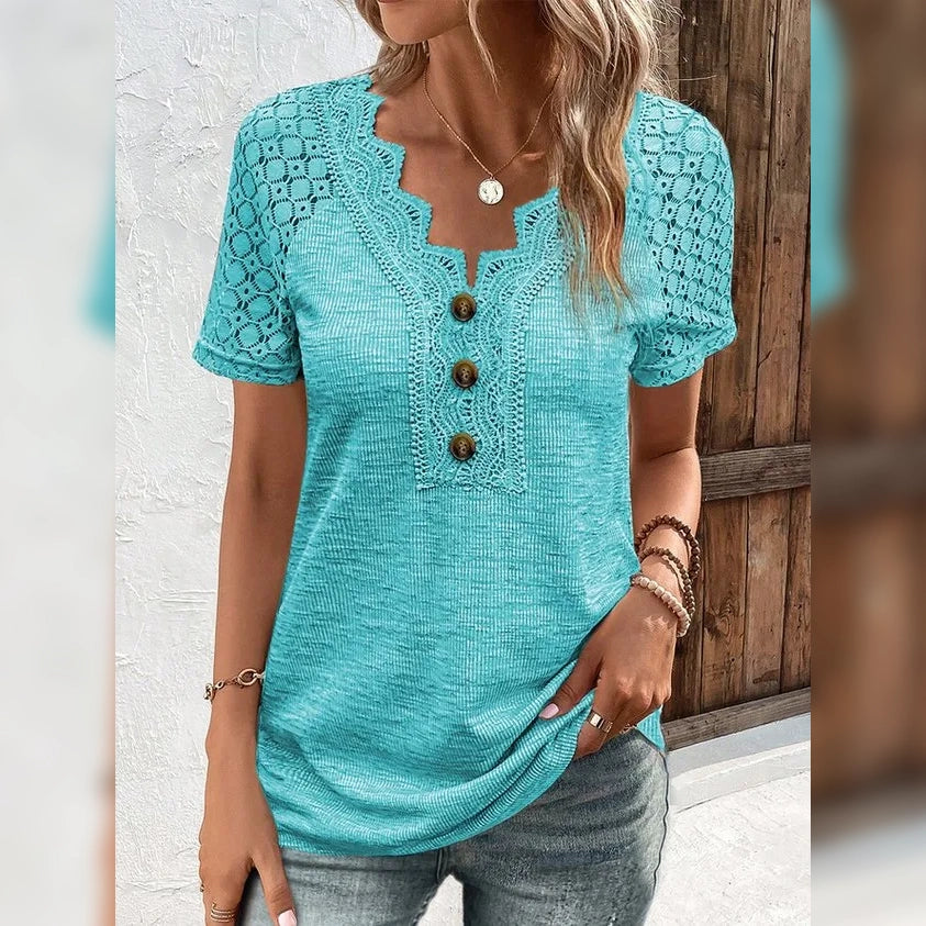 Women's T-Shirt Plain Lace Button Short Sleeve Outlet Huge Surprise