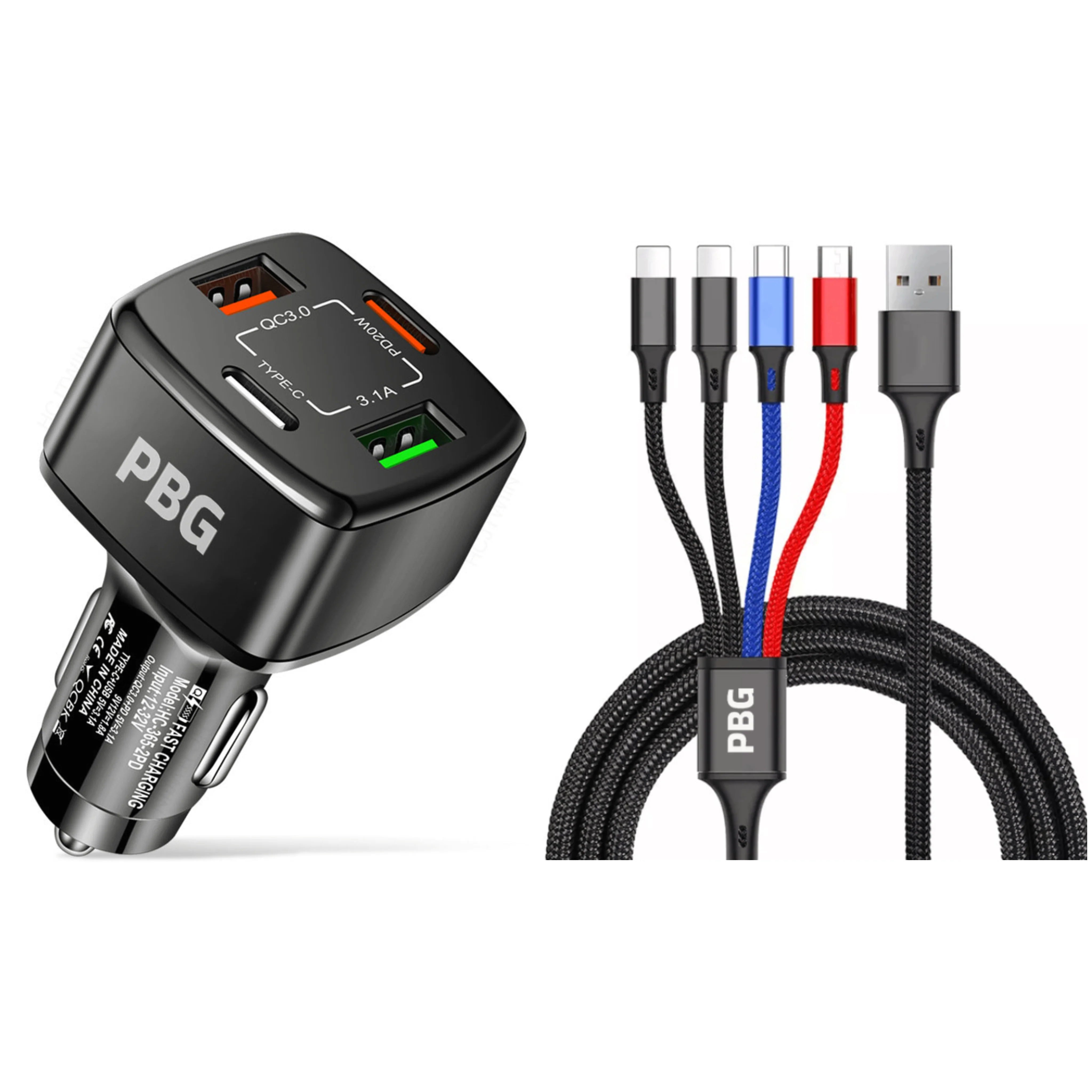 PBG 4 Port  PD/USB Car Charger and 4 in 1 Nylon Cable Bundle Browse Cheap Pice