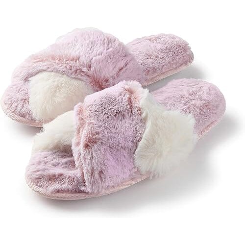 Roxoni Women's Cross Band Soft Furry Slipper 2 Tone Color Cozy Warm Comfy Slip On Outlet Factory Outlet